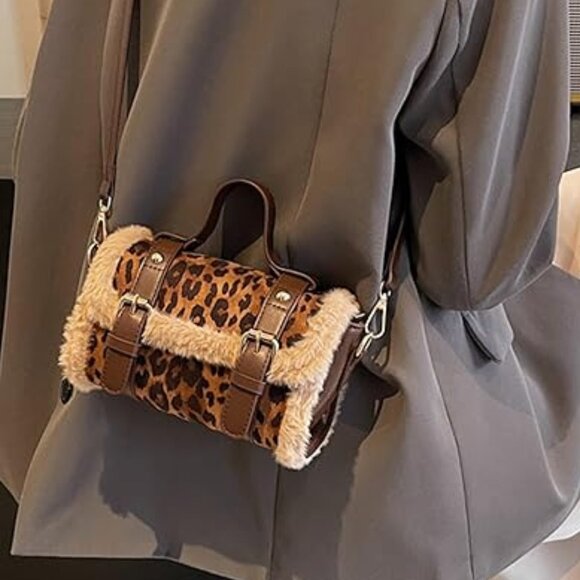 Neiman Marcus Leopard Brown Shearling Leather Handbag - Picture 1 of 4